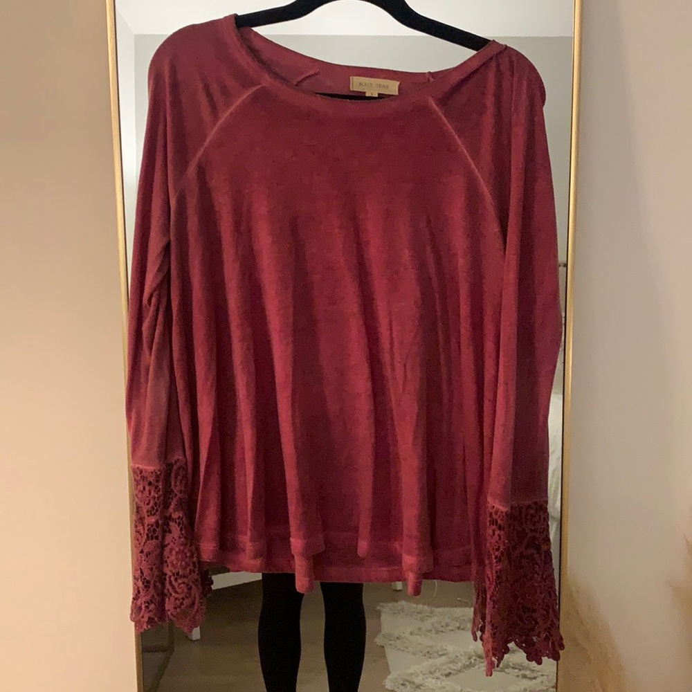 Deep Red Long Sleeve Top with Detailed Bell Sleeve